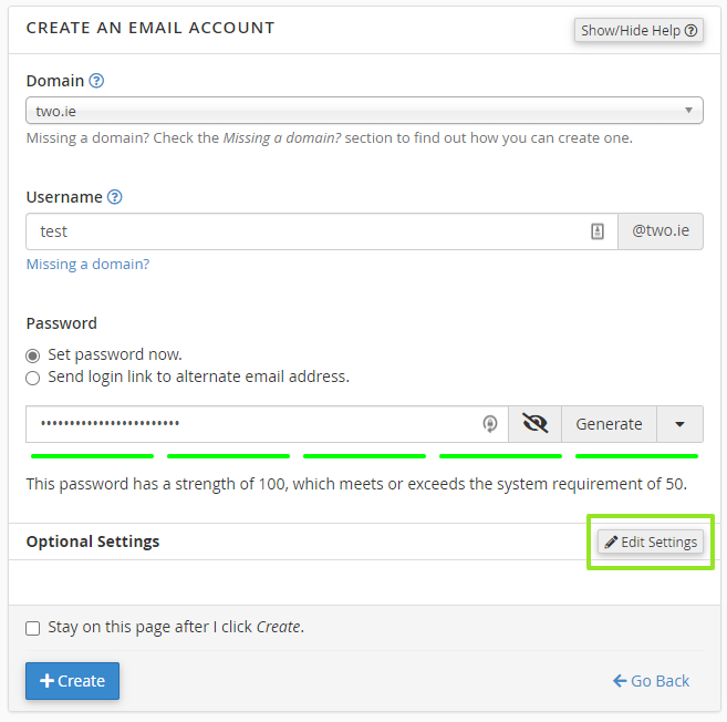 cPanel - Create an Email Account - Optional Settings