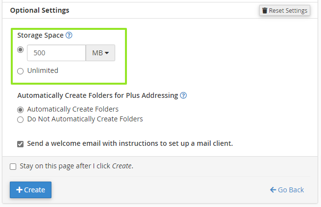 cPanel - Create an Email Account - Storage Space Limit