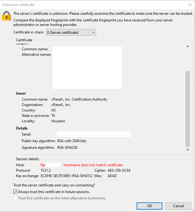 FileZilla FTP - Unknown Certificate